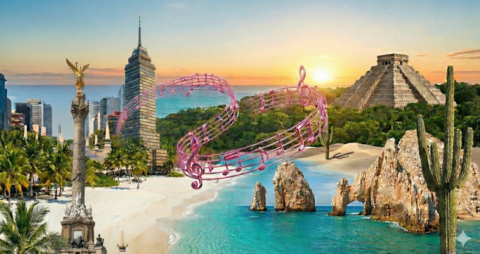 Mexican landscape — music flowing across cities, beaches and pyramids